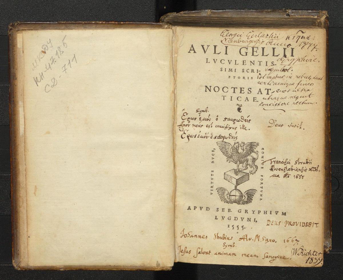 Aulus Gellius. Noctes Atticae. Lugduni, apud Seb. Gryphium, 1555 р.
