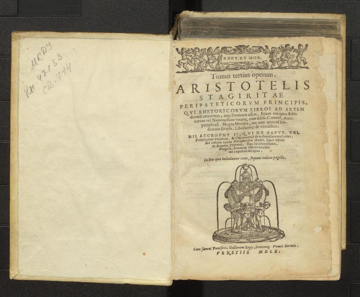 Aristotelés. Rhet. et Mor. Tomus tertius operum. Aristotelis stragiritae peripateticorum principis… Venetiis, Apud Cominum de Tridino Montisferrati, 1560 р.